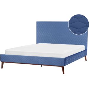 Tweepersoonsbed blauw fluweel gestoffeerd bedframe 160 x 200 cm honinggraat hoofdbord modern ontwerp