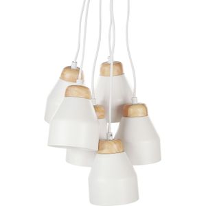 Cluster hanglamp wit metaal en licht hout 6 lichten klokvormig modern