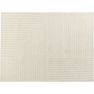 Vloerkleed beige wol 300 x 400 cm gestreept patroon solide kleur modern minimalistisch ontwerp woonkamer tapijt