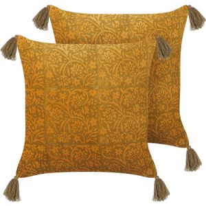 Set van 2 decoratieve kussens oranje fluweel 45 x 45 cm bloemenpatroon blokdruk boho deco accessoire