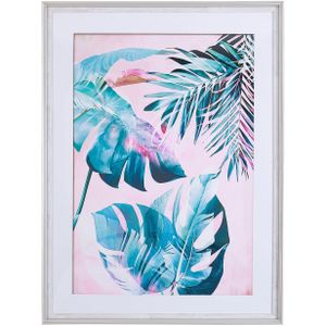 Muurschildering Blauw en Roze Papierprint 60 x 80 cm met Passepartout Palmbladeren Woonkamer Entree Kantoor