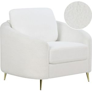 Fauteuil bouclé wit zetel loungestoel gouden metalen poten gebogen retro woonkamer glamour stijl