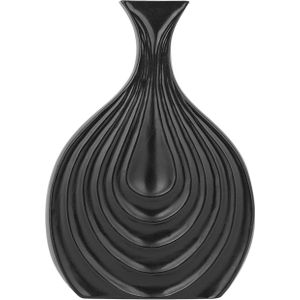 Decoratieve vaas zwart steengoed 25 cm gesneden oppervlak onregelmatige vorm modern