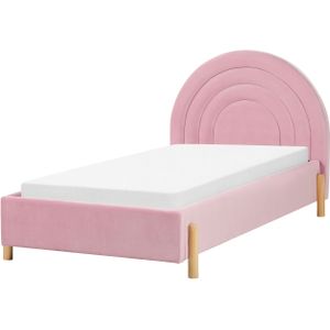 Bed roze fluweel eenpersoonsformaat 90 x 200 cm minimalistisch retro ontwerp opbergruimte halfrond hoofdbord