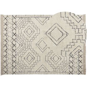 Katoenen vloerkleed beige zwart 160 x 230 cm azteek ontwerp patroon franjes laag polig modern