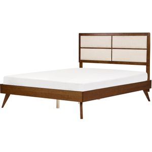 Houten bed donkerhout beige 160 x 200 cm met lattenbodem tweepersoonsbed gestoffeerd hoofdbord rustieke stijl ontwerp