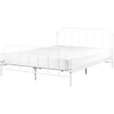 Bed frame wit metaal 140 x 200 cm tweepersoonsbed populierenhout lattenbodem industrieel minimalistisch slaapkamer