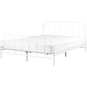 Bed frame wit metaal 140 x 200 cm tweepersoonsbed populierenhout lattenbodem industrieel minimalistisch slaapkamer