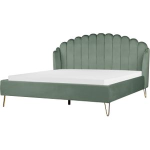 Gestoffeerd bed fluweel groen met lattenbodem 180 x 200 cm metalen poten slaapkamer retro schelpen hoofdbord