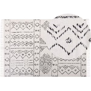 Wollen vloerkleed tapijt gebroken wit met zwart Azteeks patroon 160 x 230 cm laagpolig modern vintage stijl