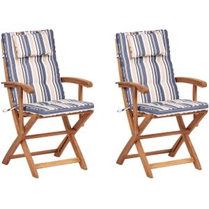 Set van 2 tuinstoelen inklapbaar lichthout blauw/beige kussens acaciahout frame rustiek ontwerp tuin terras balkon