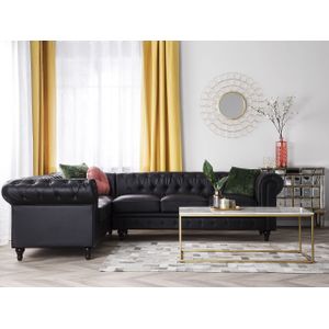 Rechter hoekbank L-vormige knop getuft 5-zits zwart PU-leer Chesterfield
