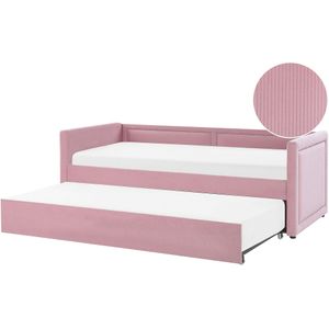 Slaapbank roze corduroy stof 90 x 200 cm uitschuifbaar met lattenbodem klinknagels kids bed modern glamour slaapkamer woonkamer