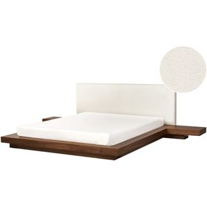 Japanse stijl waterbed frame bruin 160 x 200 cm hout fineer bouclé hoofdbord laag profiel slaapkamer tweepersoonsbed