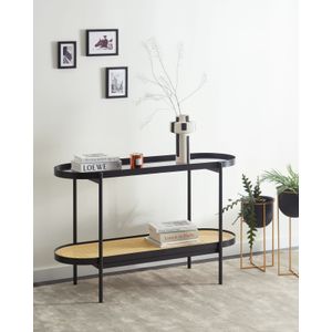 Moderne wandtafel glazen tafelblad metalen frame 1 plank weens vlechtwerk lichtbruin Reno