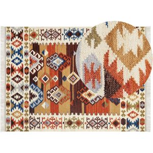 Kelim vloerkleed meerkleurig wol en katoen 160 x 230 cm handgeweven laagpolig boho patroon met kwastjes