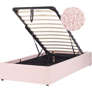 Gestoffeerd bed roze 90 x 200 cm bouclé stoffering met opbergruimte lattenbodem modern ontwerp