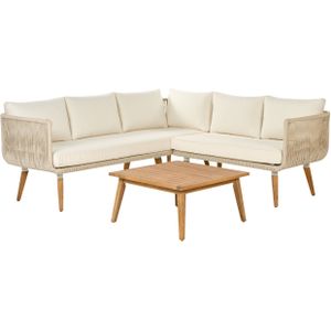 Loungeset met salontafel beige acaciahout staal 5-zits buiten terras tuin modern