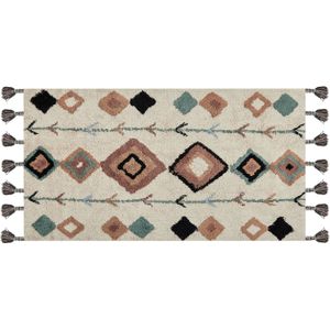 Vloerkleed meerkleurig katoen 80 x 150 cm rechthoekig met kwastjes ruitpatroon boho oosterse stijl