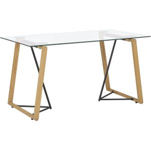Eettafel Transparant Glas 140x80 cm voor 4 personen met Bruine/Zwarte Metalen Poten Rechthoekig Modern Loft Woonkamer Eetkamer Keuken
