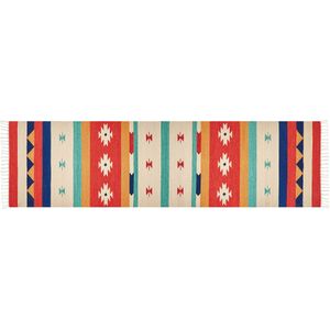 Kelim vloerkleed meerkleurig katoen 80 x 300 cm handgeweven tapijt wandtapijt geometrisch patroon omkeerbaar franjes