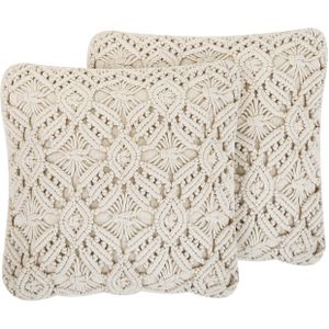 Set van 2 Sierkussens Biege Katoen Macrame 45 x 45 cm Touw Boho Retro Decoratie Accessoires Kussen