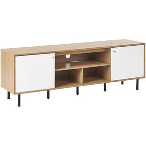 Tv-meubel licht hout wit spaanplaat metaal 160 x 56 x 40 cm voor een tv tot 70ʺ 2 deuren 3 planken zwarte poten Scandinavisch design woonkamer