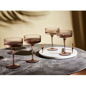 Set van 4 champagne coupes geribbeld handgeblazen 330 ml transparant roze Amethyst