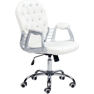 Bureaustoel wit kunstleer gaslift verstelbaar kristallen met tuft draaibaar bureau kantoor modern ontwerp