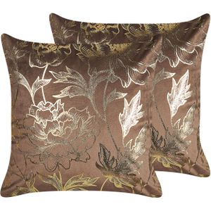 Set van 2 Sierkussens Bruin Goud Fluweel 45 x 45 cm Goude Bloemenprint Folie Glamoureus Decoratie Accessoire