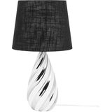 Tafellamp licht zilver gebribbeld keramiek basis zwarte stof ronde lampenkap glamour leeslamp
