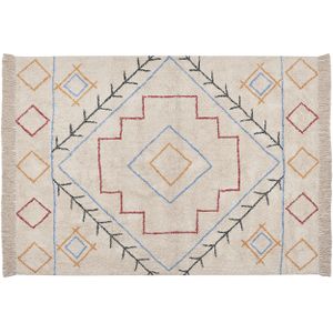 Katoenen vloerkleed meerkleurig 160 x 230 cm azteek ontwerp patroon franjes laag polig modern