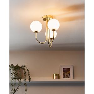 Moderne plafondlamp glas 3 lampen metalen plaat ronde lampenkap wit en goud Shire