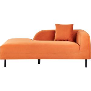 Chaise longue oranje fluweel tweezits rechtszijdig met sierkussens retro minimalistisch
