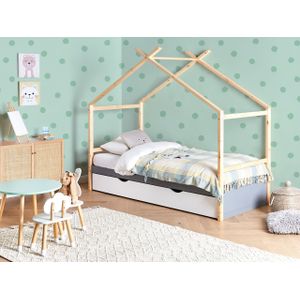 Kinderdaybed grenenhout 90x200 met lattenbodem en een opberglade grijs Orgeval