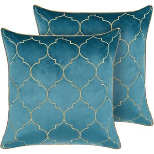 Decoratief kussen set van 2 blauw/goud stof Marokkaans patroon 45 x 45 cm woonkamer salon slaapkamer