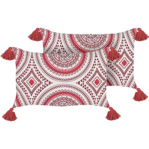 2 sierkussens rood en wit katoen 30 x 50 cm geometrisch patroon handgeweven afneembare hoezen met vulling oosterse stijl