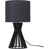 Tafellamp zwart hout 37 cm ronde stoffen lampenkap voet landelijke stijl