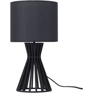 Tafellamp zwart hout 37 cm ronde stoffen lampenkap voet landelijke stijl