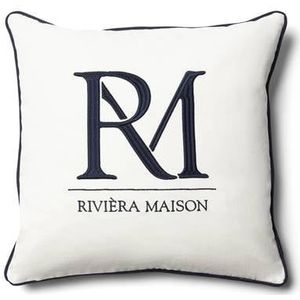 Riviera Maison Kussenhoes wit met blauw tekst 50x50 - RM Monogram