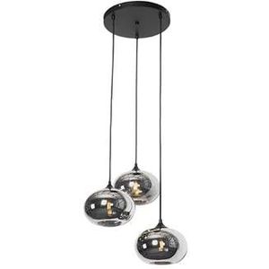QAZQA Art Deco hanglamp zwart met smoke glas rond 3-lichts- Busa