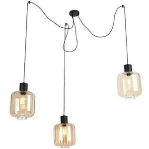 QAZQA Design hanglamp zwart met amber glas 3-lichts 226 cm - Qara