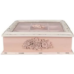 Clayre & Eef Theedoos 9 vakken 32x26x9 cm Roze Houtproduct Rechthoek Bloemen Theekist