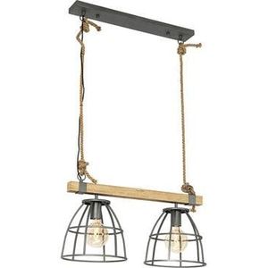 QAZQA Industri�le hanglamp donkergrijs met hout 2-lichts - Arthur