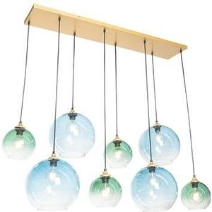 QAZQA Hanglamp messing met blauw en groen glas 8-lichts - Sandra