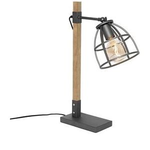 QAZQA Industri�le tafellamp donkergrijs met hout - Arthur