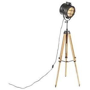 QAZQA Tripod studiospot vloerlamp zwart met hout - Shiny