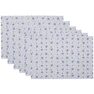 Clayre & Eef Placemats Set van 6 48x33 cm Wit Blauw Katoen Rechthoek Roosjes
