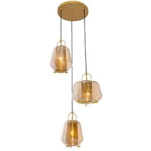 QAZQA Hanglamp goud amber glas rond 3-lichts - Kevin