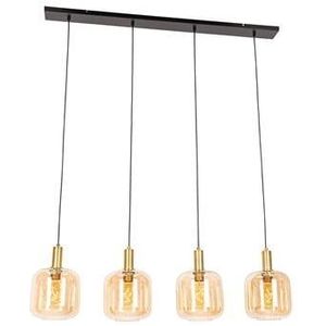 QAZQA Design hanglamp zwart met messing en amber glas 4-lichts -